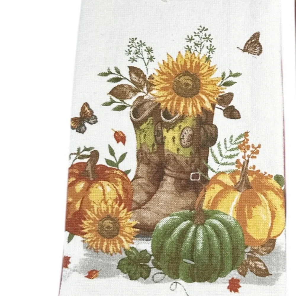 NEW Shabby Chic COWBOY BOOTS & PUMPKINS Kitchen Towel Set/3